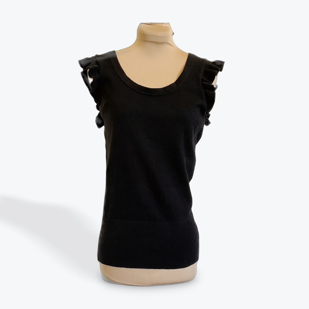 White House Black Market Black Ruffle Sleeve Crisscross Back Knit Shell Top M